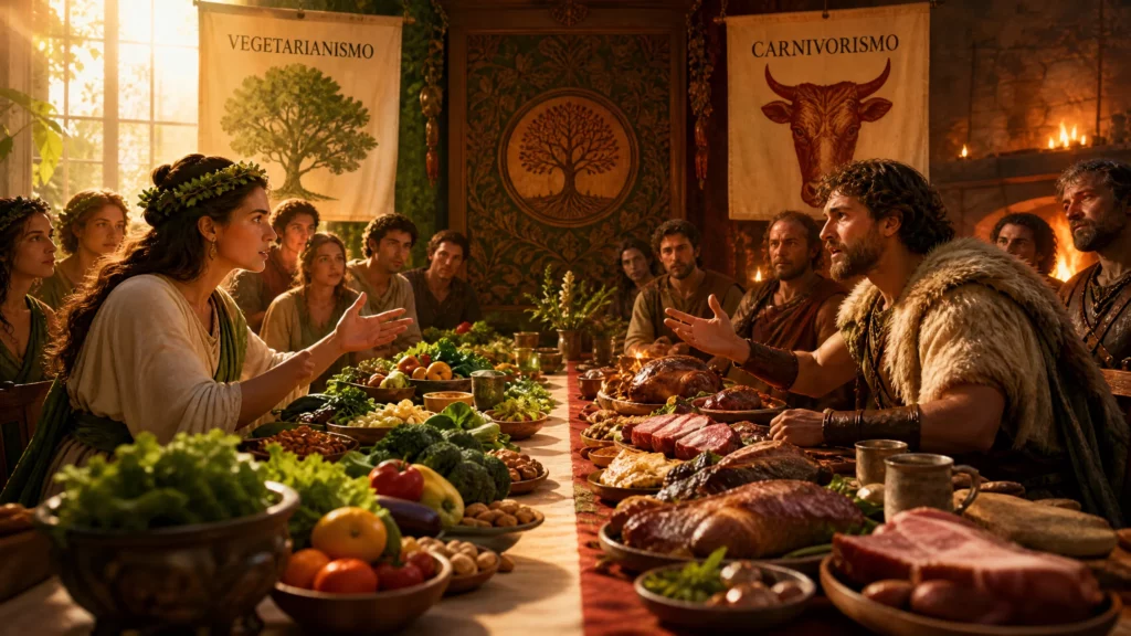 O debate entre a dieta vegetariana e a carnívora.